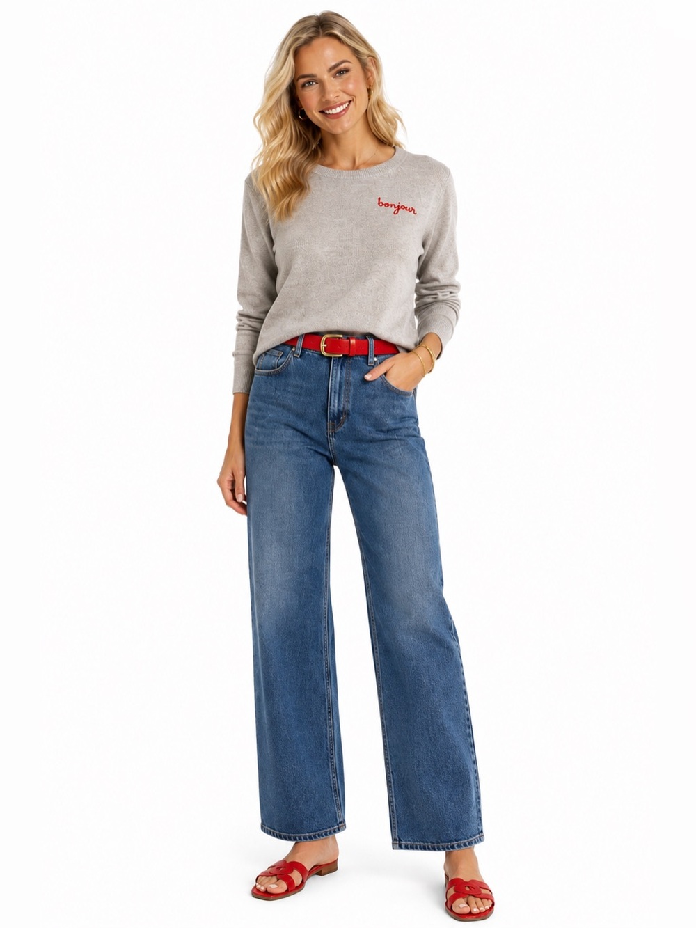 J. Crew Gray Crewneck Sweater with Red Bon jour Detail